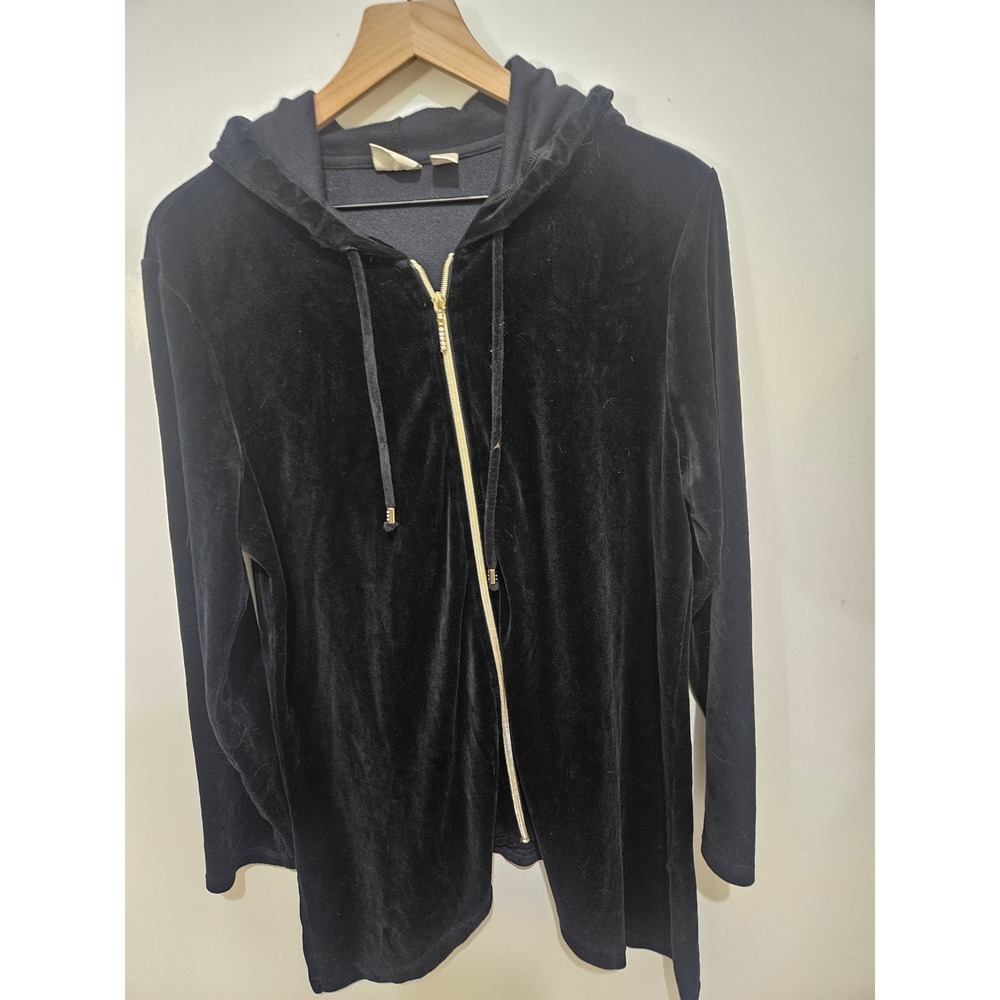 Chico's Zenergy Size 3 XL Black Velour Hoodie Jacket Gold Zip Longline Cotton